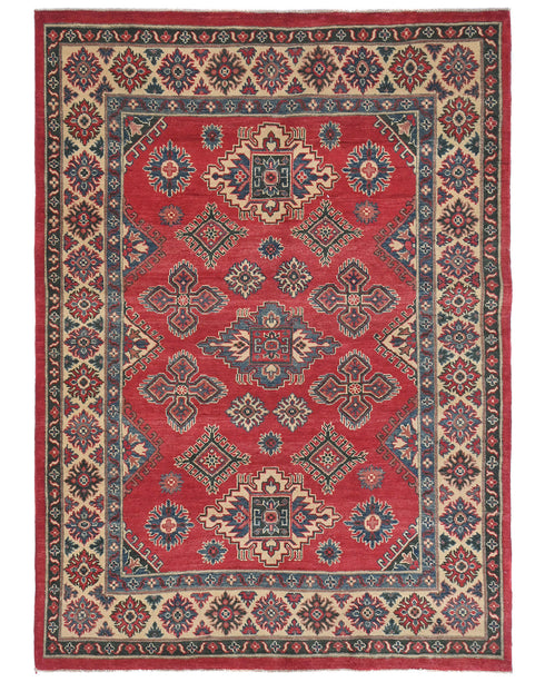 5x7 Red Kuba Afghan Hand Knotted Wool Area Rug